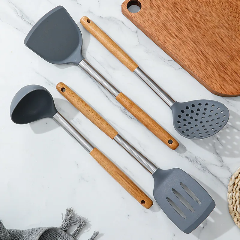 Kitchen Utensils Silicone Wooden Handle Non Stick Pot Kitchenware Cooking Set Soup Spoon Pasta Colander Shovel