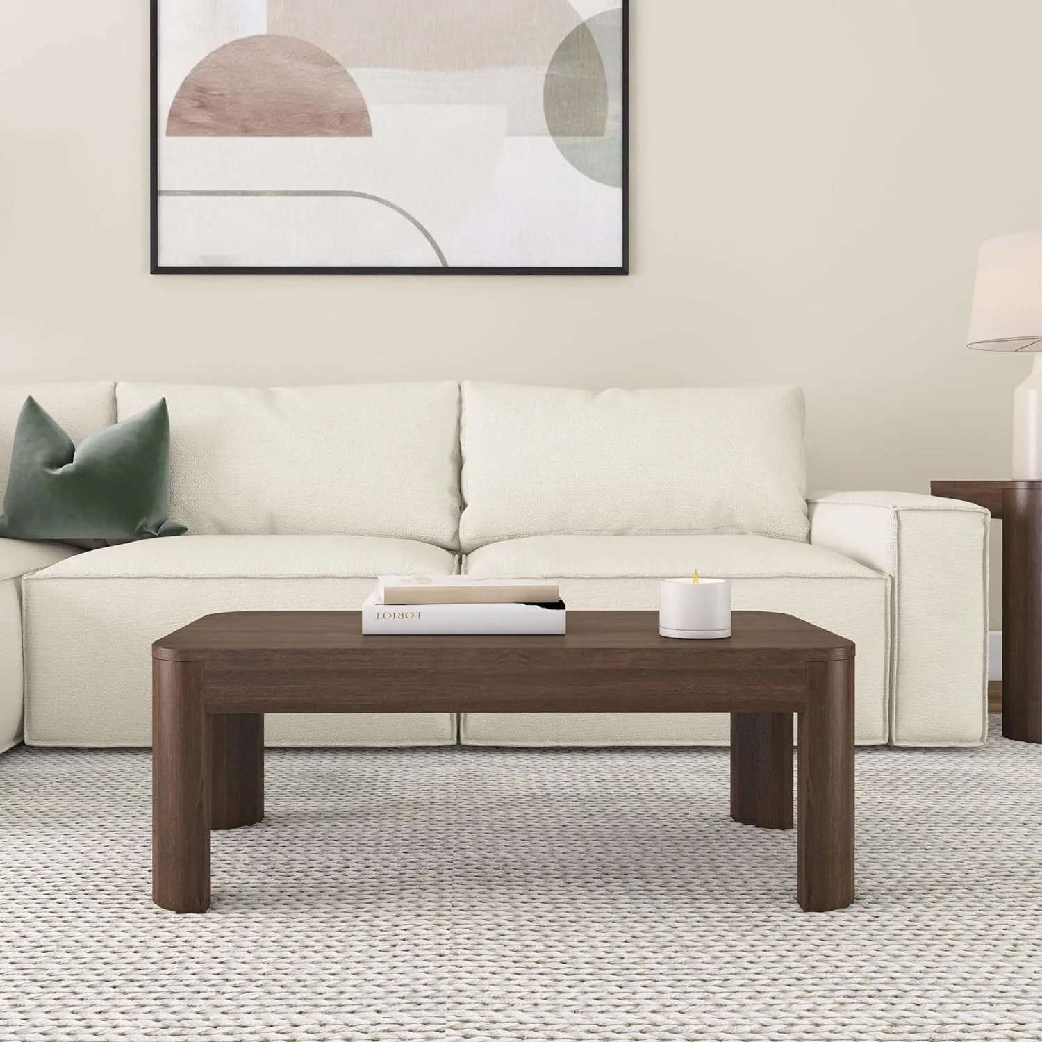 Small Modern Rounded Coffee Table, 40 Inch, Solid Wood Contemporary Center Table for Living Room Tea Table, Walnut 3