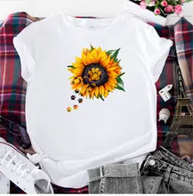 

Summer Cotton Women T Shirt 5XL Plus Size Sunflower Print Short Sleeve Graphic Tee Tops Casual O-Neck Female TS