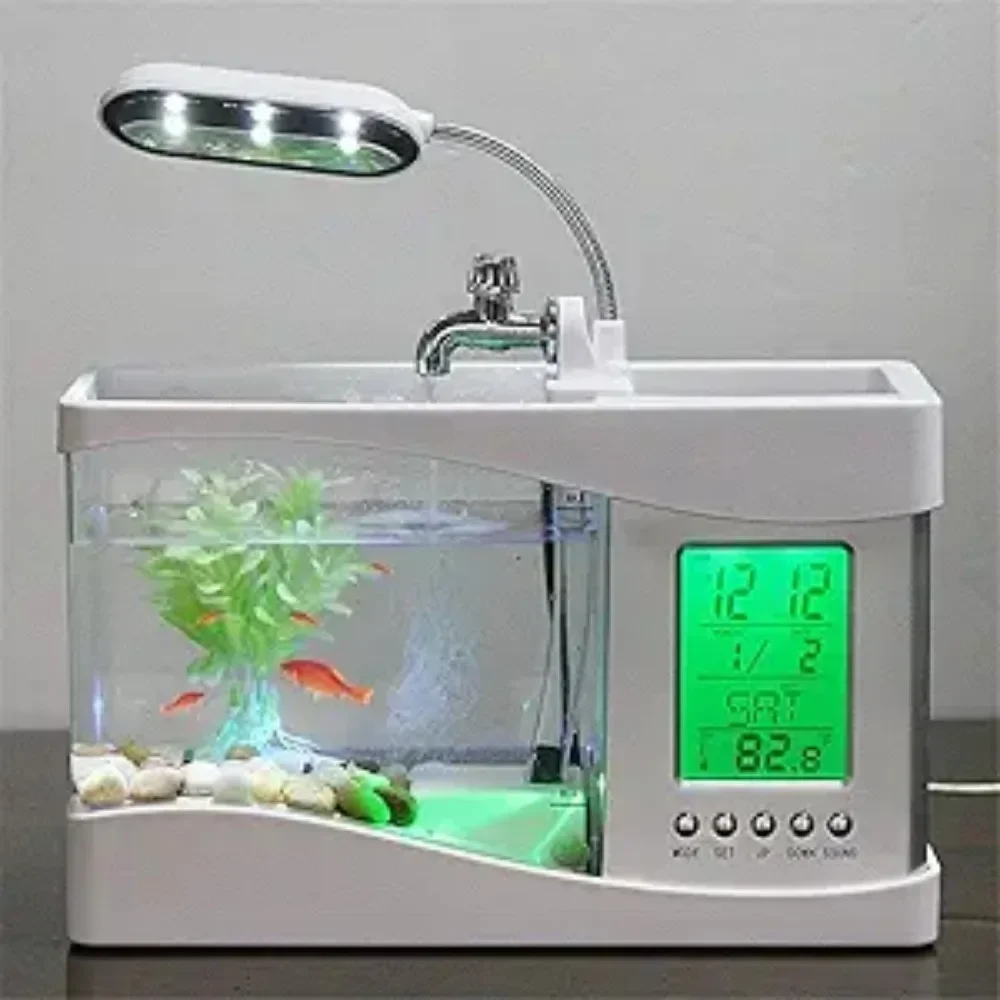 Aquarium Mini Fish Tank with Water Running Pump, Calendar Clock Light, Pen Holder Function,Rechargeable Desktop
