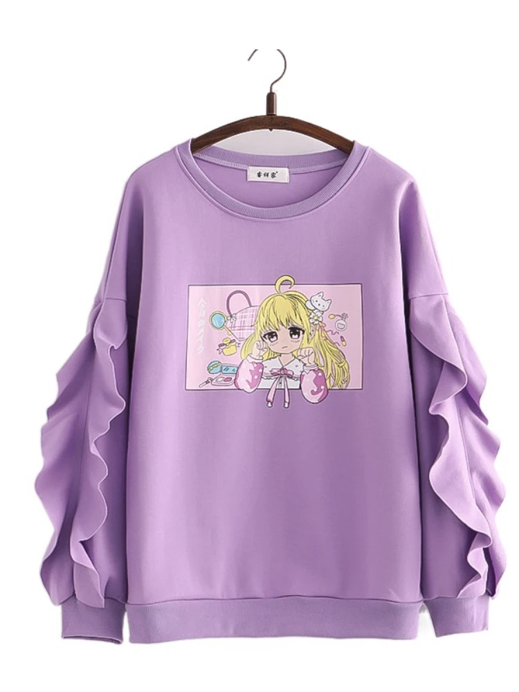 

Cartoon Print Harakuju Women Sweatshirts 2023Winter Long Sleeve Ruffes Patchwork Pullovers Sweet Style Female Kawaii Cute Tops