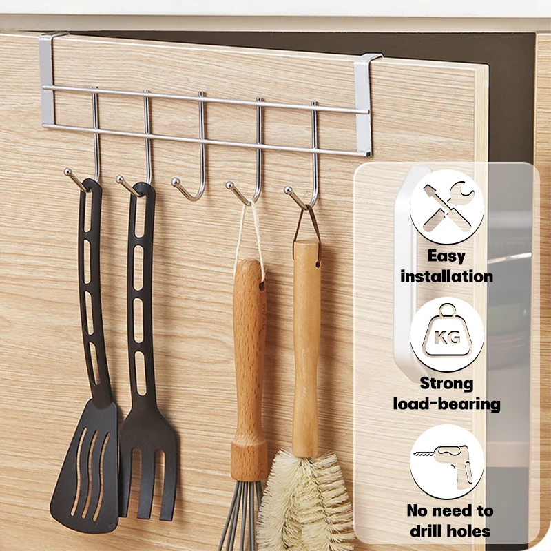 1pcs Stainless Steel Cabinet Hook No Punching 5-Hook Multifunctional Towel Coat Hanger Rack Durable Bathroom Kitchen Organizer