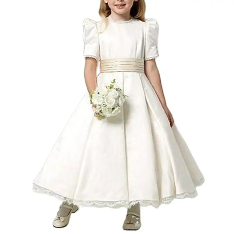 

Ivory Satin Flower Girl Dresses With Champagne Bow Sash Jewel Neck Ankle Length Bubble Short Sleeves Lace Hemline Girls Dresses