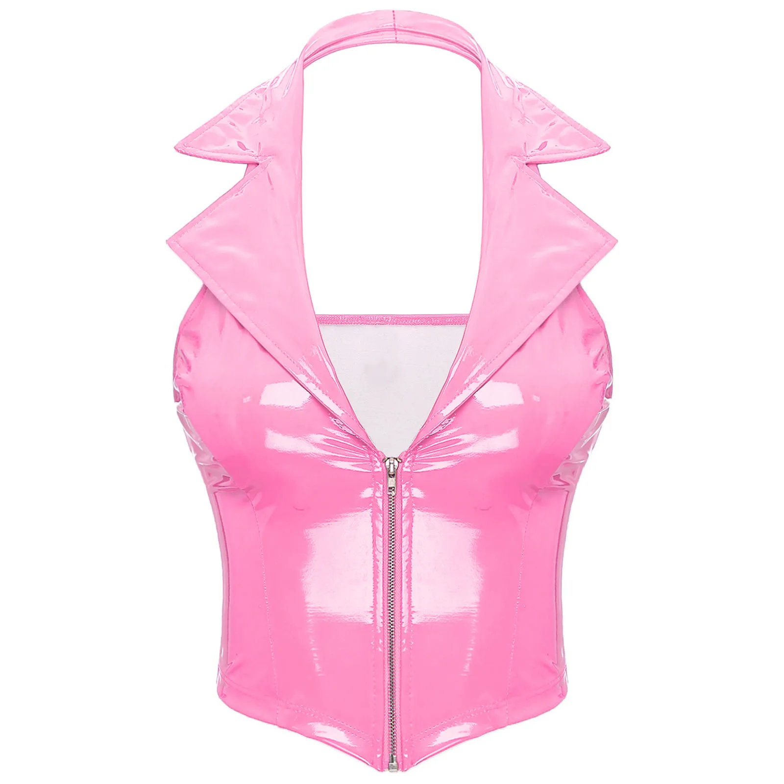 thumbnail image 1 of Camisola de látex con efecto mojado y cuello halter de piel sintética, chaleco de charol brillante, solapa con muescas, escote en V profundo, cremallera frontal, chaleco ajustado, 1 of 5