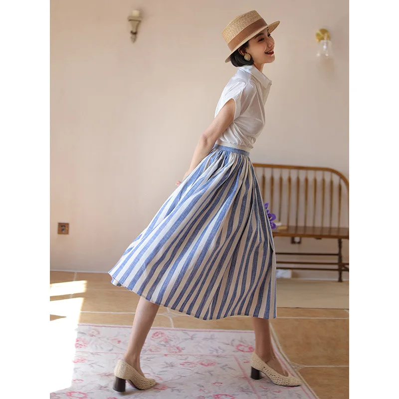 Vintage Blue Striped Skirt 2025 Summer Fashion Trends High