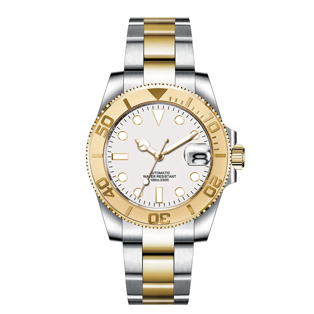 Custom Logo 40MM Luxury NH35 Automatic Watch Two Tone Gold Sapphire Glass Ceramic Bezel Men Diver Watches Male reloj hombre