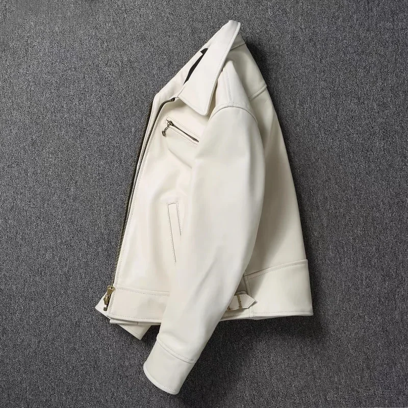 Men's Genuine Leather Jacket White Lapel Calfskin Jacket Natural Cowhide Men's Coat Slim Fit Top Layer Cowhide Biker Jacket - 4