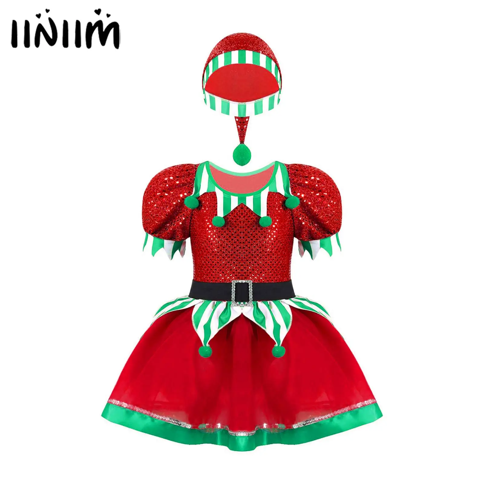 

Kids Girls Christmas Elf Cosplay Costume Sequins Pompoms Adorned Mesh Tutu Dress with Hat Xmas Carnival Party Santa Claus Dress