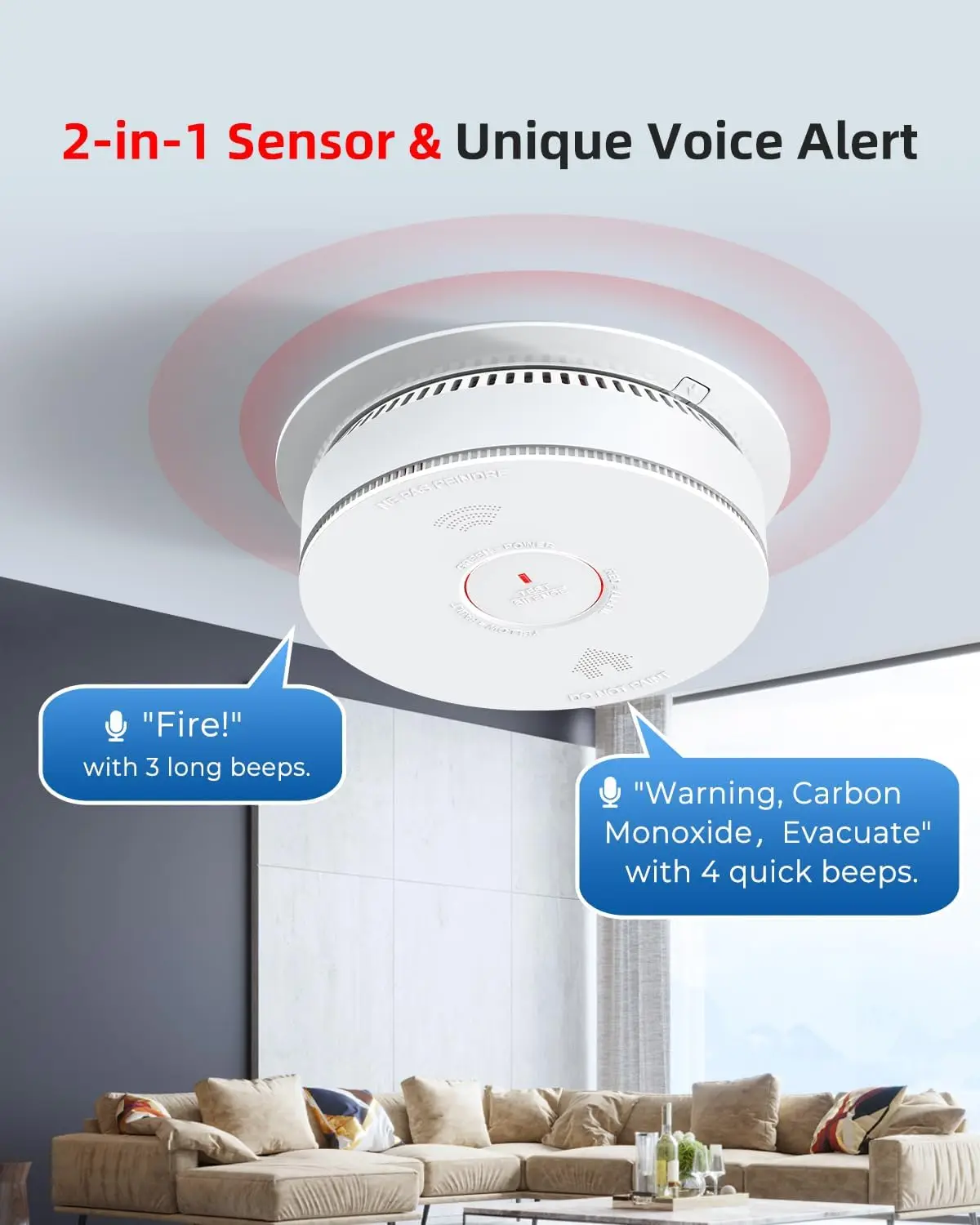 Smoke Detector Carbon Monoxide Detector Combo with 2 AA Batteries Back Up, 2 in 1 Smoke