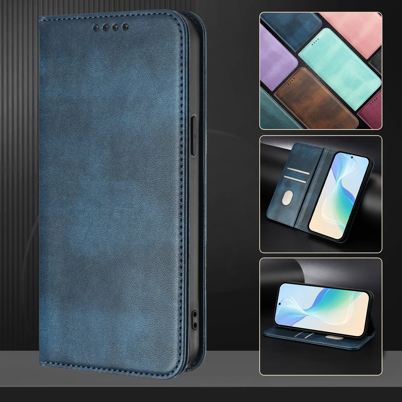 Modern Color Leather Book Case with Magnetic Holder and Card Slots - Anti-Scratch Wallet Cover
