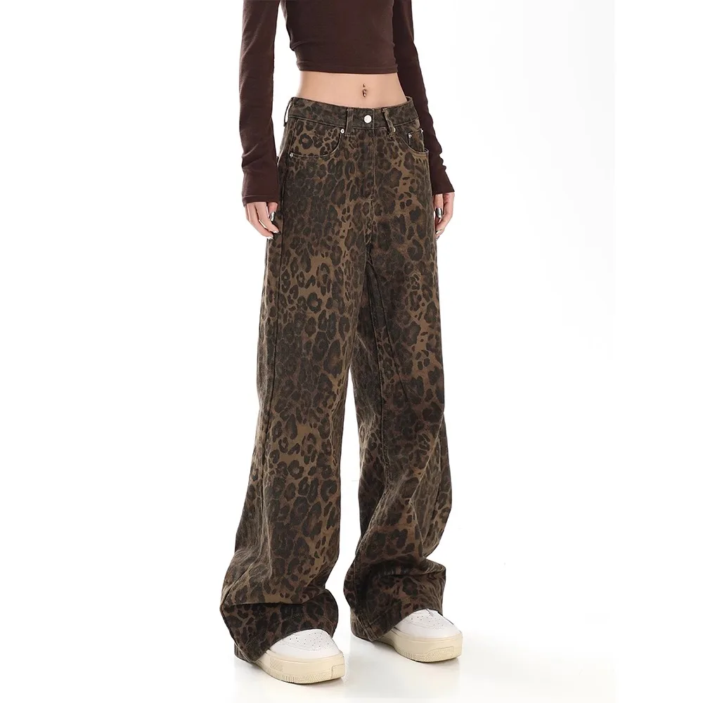 

Women's Brown Jeans Leopard Print Retro Straight Tube Baggy Pants Fashion Street Fashion Y2K Jeans New Winter Straight Leg Pants