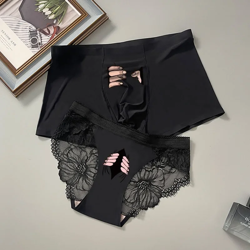 

Ice Silk Couple Matching Underwear Printed Sexy Men's Boxer & Women Panties Lover's Panty 2 Pieces Set for Boyfriend Girlfriend