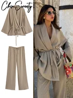كارديجان كيمونو نسائي أحادي اللون وبناطيل ، برباط ، بلوزة برقبة على شكل حرف V ، بنطلون مستقيم ، موضة الربيع ، أزياء الصيف ، سيدتى ، بانتين ، 1