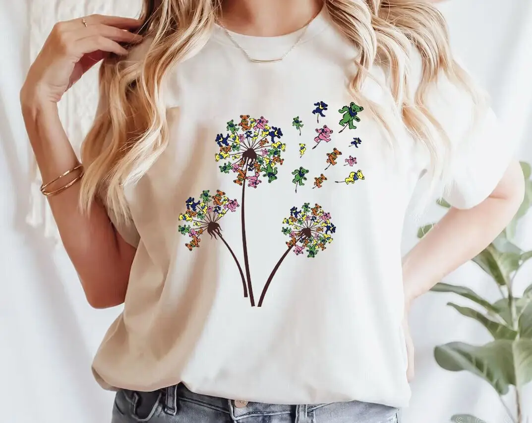 Dancing Bears Dandelion Grateful Maglietta Bianca Morta N64707 Maniche Lunghe O Corte