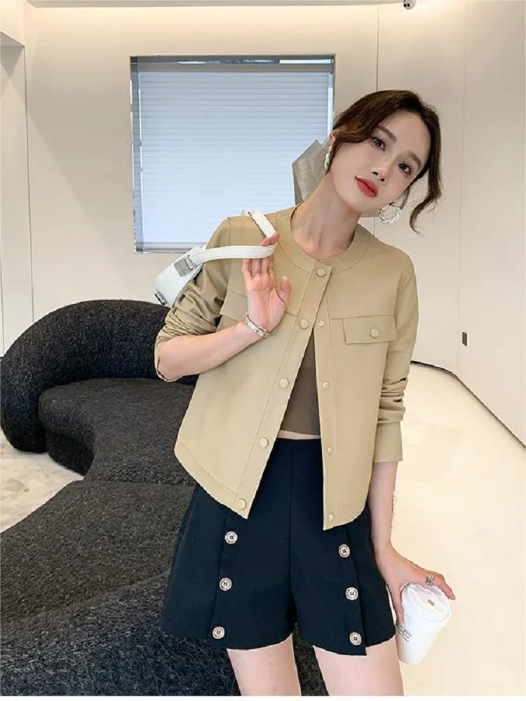 Women\'s Leather Jacket Spring Autumn Fashion Popular O-Neck Single-Breasted Invisible Pocket Short Slim White Sheepskin Ceketler