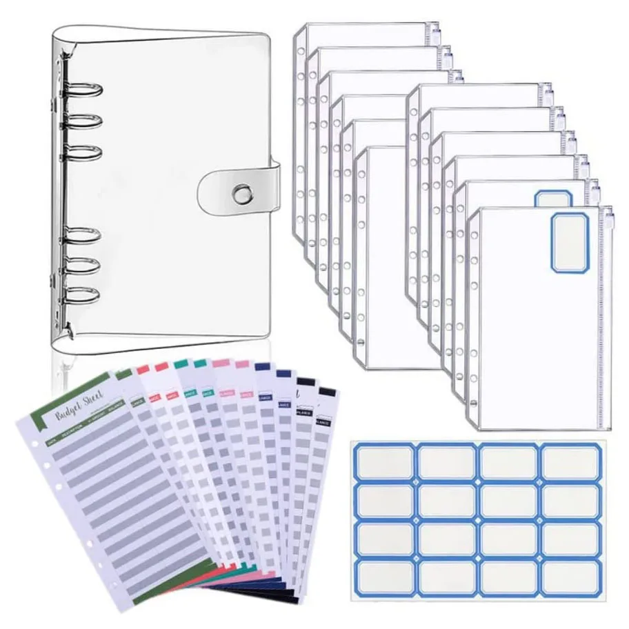 A6 Budget Binder Waterproof Cash Budget Envelope System With 12Pcs Zipper Envelopes 12Pcs Budget Sheet and 16Pcs Label Stickers