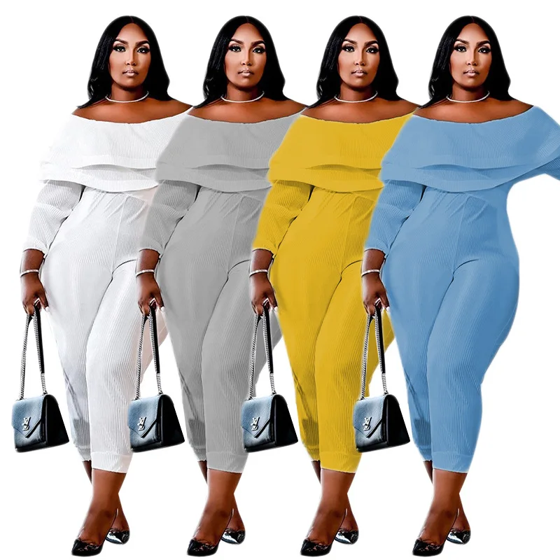 Plus Size Women Jumpsuits Off Shoulder Ribbed One Piece Outfit Female Fashion Elegant Jumpsuit Lady Club Pencil Pants Wholesale