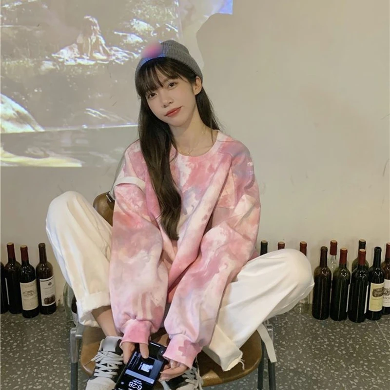 

Women Tie Dye O Neck Full Sleeve T Shirt Loose Tops Sweatshirt Basic Casual Tee