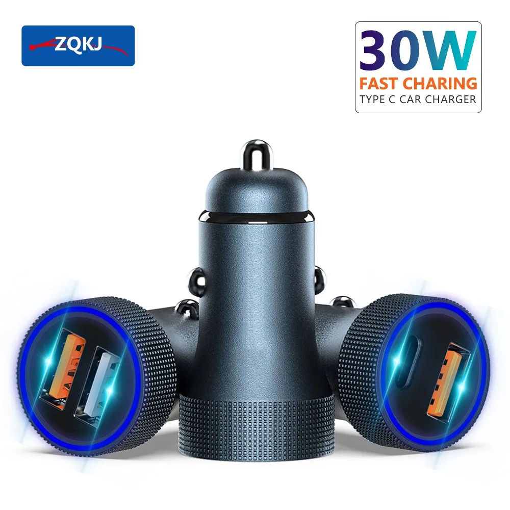 

ZQKJ 30W Dual USB Car Charger and Type C Fast Charging Adapter for IPhone 14 13 12 Xiaomi Huawei Samsung S21 S22 Quick Charge