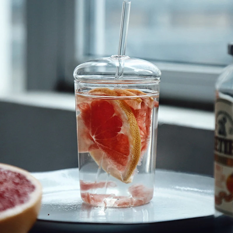 

450ml Heat Resistant Transparent Glass Cup With Round Lid Straw Bubble Tea Water Cup Juice Milk Coffee Mug For Summer Party
