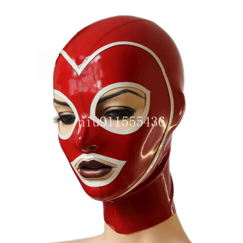 

Latex Hood with Open Big Eyes Back Zip Latex Mask Rubber Hood Red with White Trim for Party Wear Cosplay Costumes