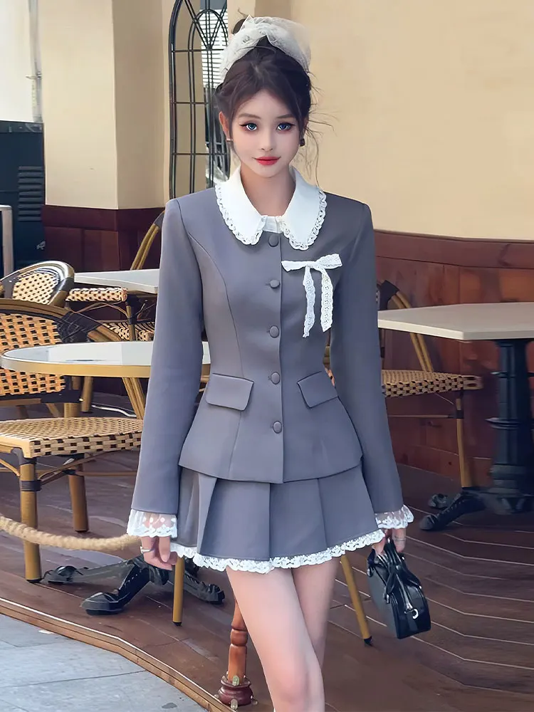 Elegant Two-piece Skirt Set Women Long Sleeve Single Breasted Blazer Coat Lace Pleated Mini Skirt Autumn Korean Fashion Outfits