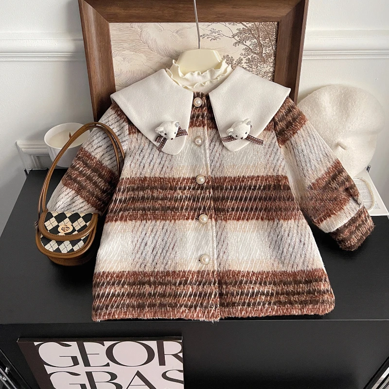 

Children's Coat Winter New Korean Version of Girls Plaid Large Lapel Long Thick Coat Winter Clothes for Girls