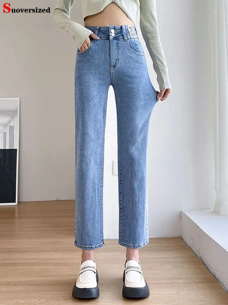 

Spring Summer Ankle Length Straight Jeans Button Strench Denim Pants Solid Color Korean Jeansy Woman Elestic High Waist Trousers
