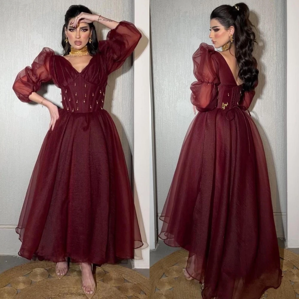 

Elegant High Quality V-neck Ball Gown Anke Length Evening Dresses Formal Ocassion Organza vestidos de ocasión formales