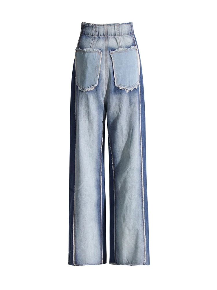 TWOTWINSTYLE Casual Denim Patchwork Women Trousers High