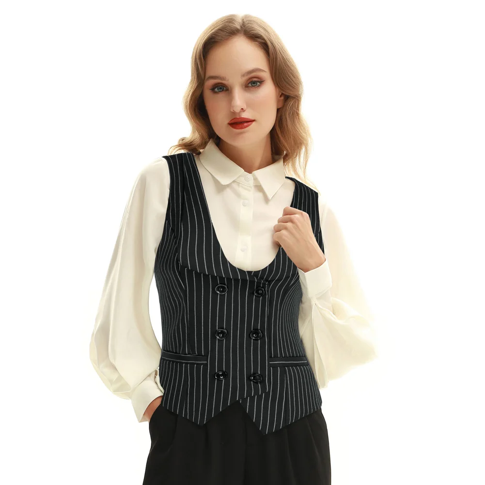 BP Women Vintage Retro Double Breasted Vest Deep V-Neck Handkerchief Hem Vest Coat Sleeveless Slim Jackets Causal Female Clothes