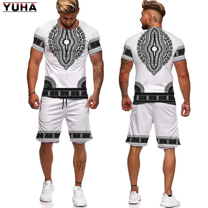 YUHA,Summer 3D African Print Casual Men Shorts Suits Couple Outfits Vintage Style Hip Hop T Shirts +Shorts Male/Female Tracksuit