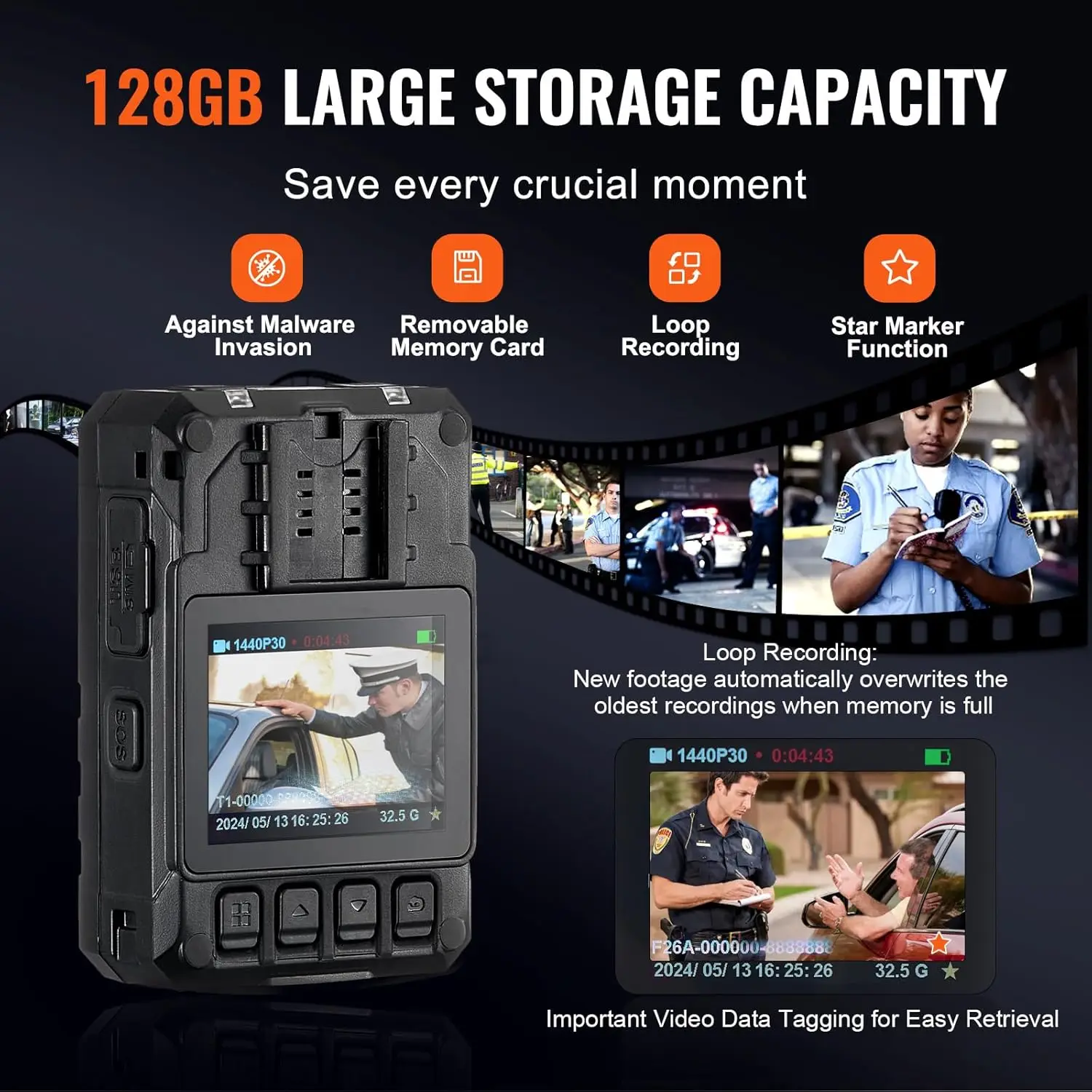 1440P HD Police Body Camera, 128GB Body Cam with Audio Video Recording Picture, Built-in 3500 mAh Battery, 2.0" LCD 4
