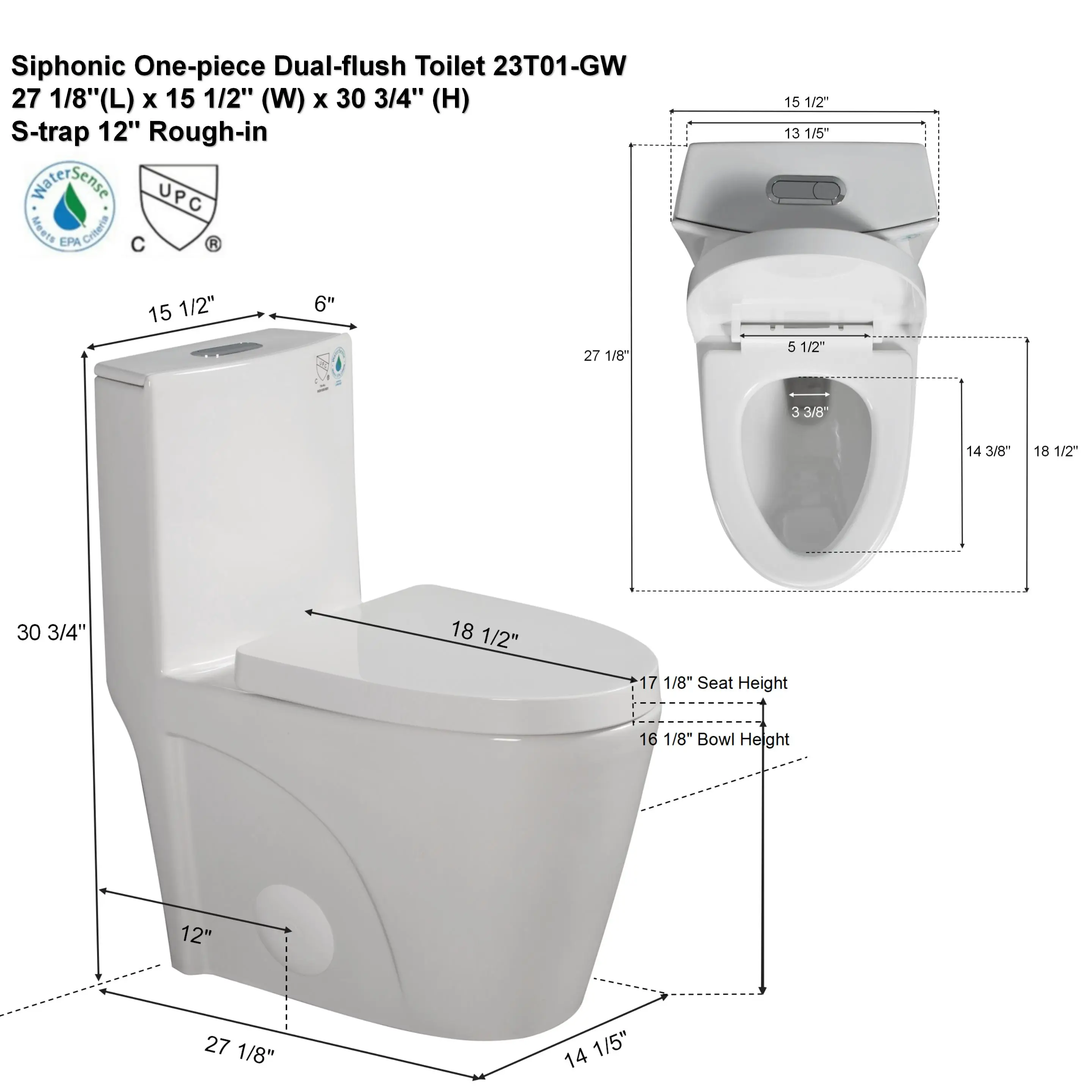1.1/1.6 GPF Dual Flush 1-Piece Elongated Toilet with Soft-Close Seat-Gloss White, Water-Saving, Modern, Stylish Design 23T01-G