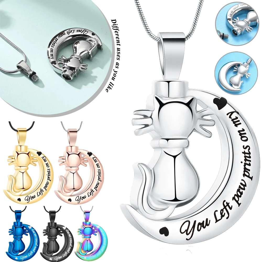 

Moon Cat Cremation Urn Necklace For Human/Pet Ashes Stainless Steel Women Jewelry Customize Memorial Keepsake Free Shipping