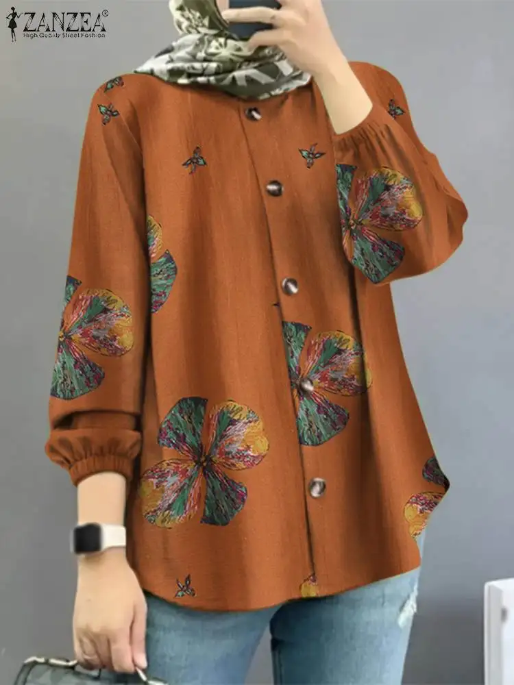 

Vintage Autumn Floral Printed Long Sleeve Shirt ZANZEA Women Bohemian Muslim Tops Marocain Eid Mubarek Ramadan Blouse Blusas