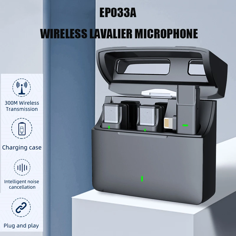 Wireless lavalier microphone with Charging compartment 300m Range Recording Vlog Youtube Live for iPhone Android EP033A