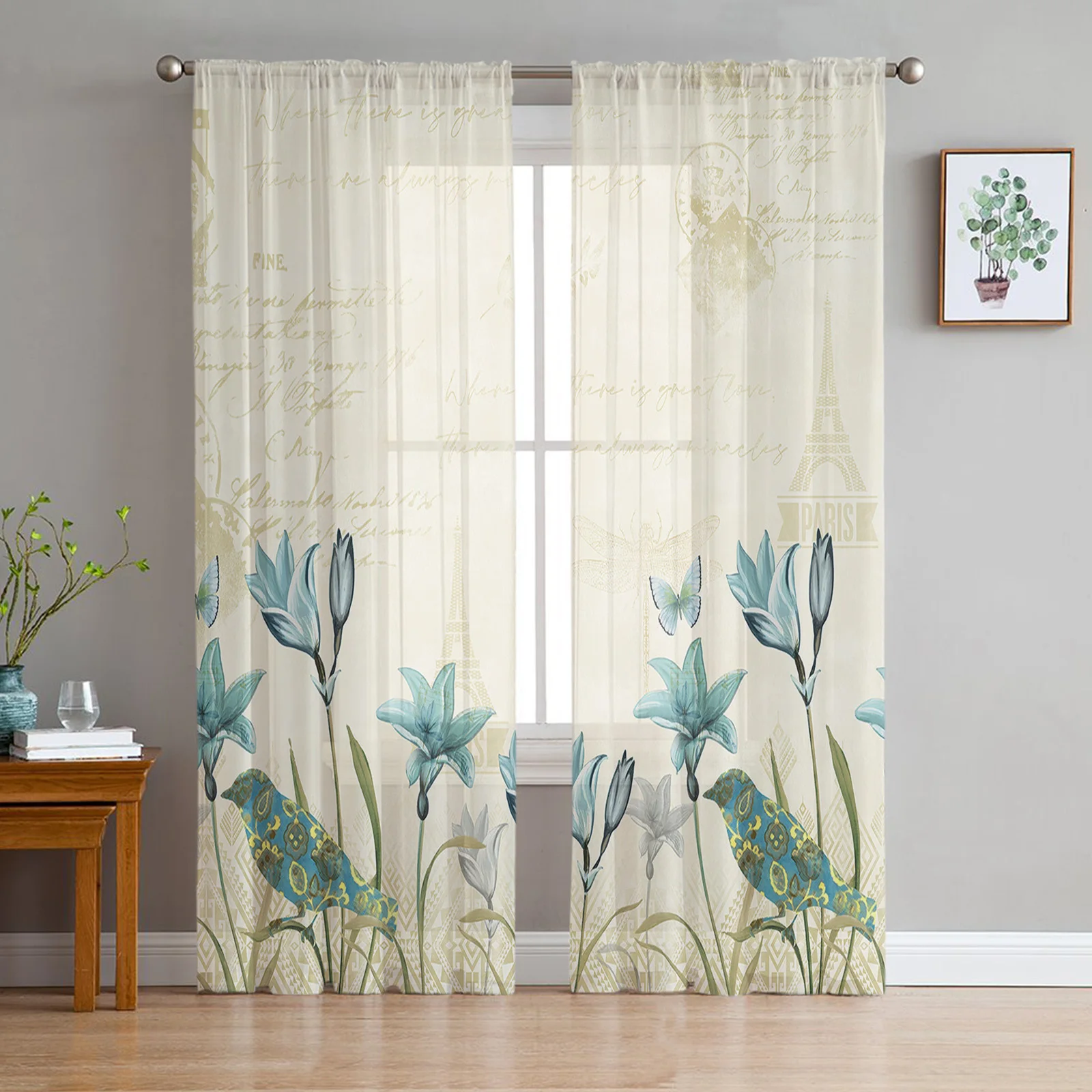 Comprar Cortina de gasa transparente con hojas nórdicas y flores de  acuarela para sala de estar, dormitorio, cocina, ventana, cortinas de tul  de gasa transparente