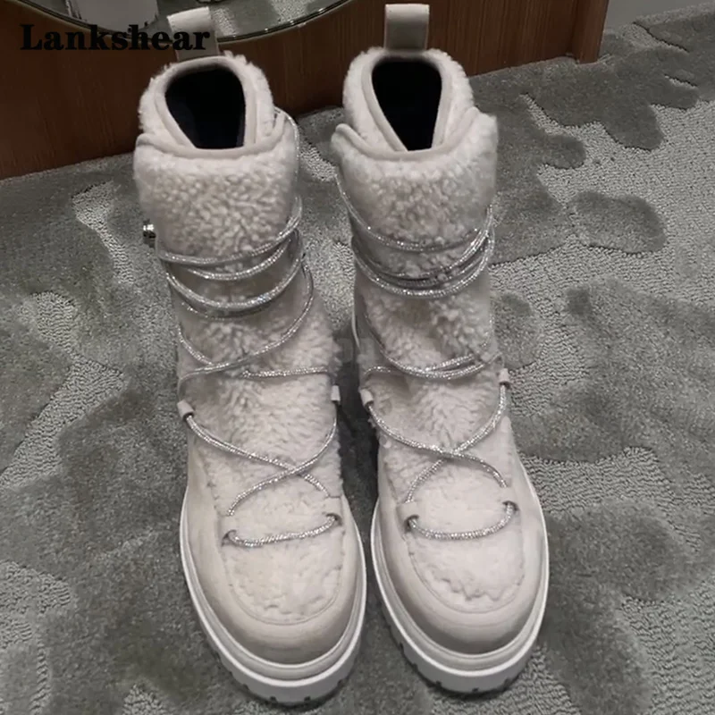 

White Platform Snow Boots for Women Fur Lace Up Fashion Comfortable Mid Calf Boots Casual Winter Warm Shoes New Booties Ladies