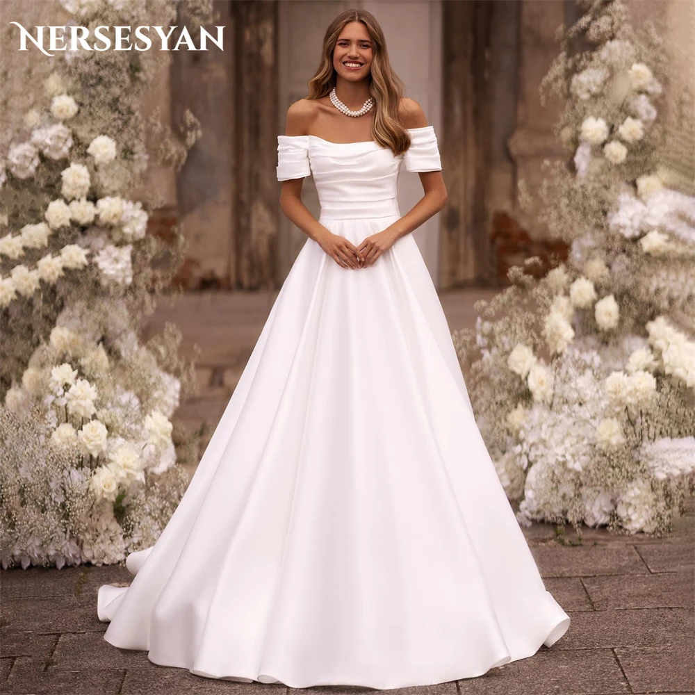 Nersesyan Vintage Satin Wedding Dresses A-Line Pleated Off Shoulder Sleeveless Bridal Gowns Backless Princess 2024 Bride Dress