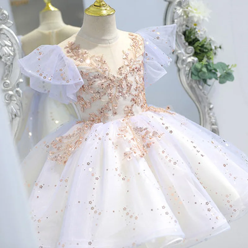 

High-End Sequins Beaded Princess Ball Gown Baby Girls Birthday Party Dresses Children Little Host Piano Costumes y504