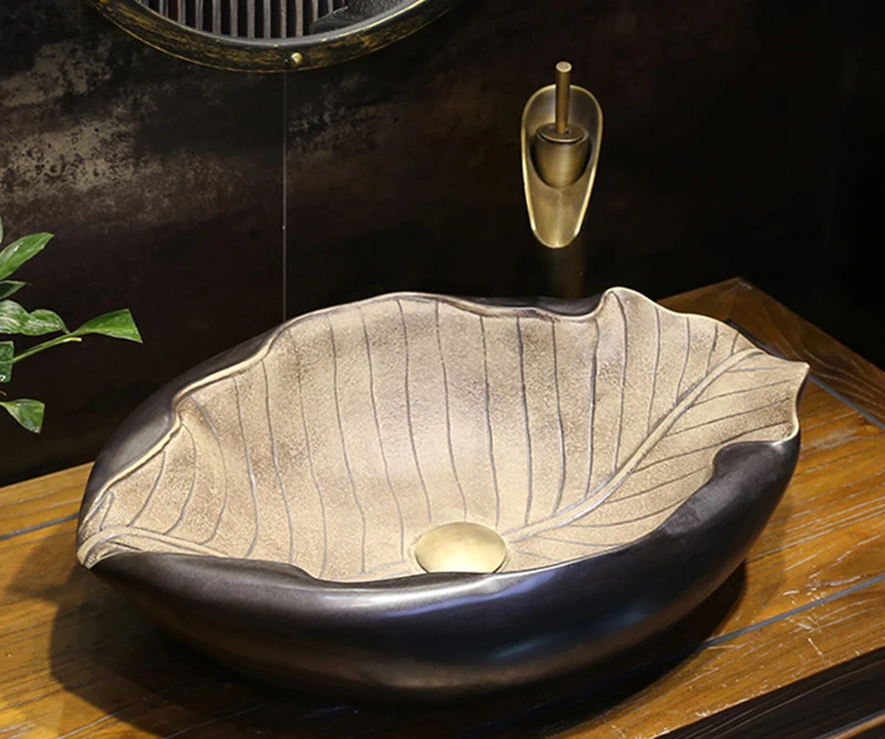JIENI Art Ceramic Bathroom Sink Set Leaf Style Washbasin W/ Waterfall Antique Brass Faucet Pop Up Drain High End Porcelain Sinks