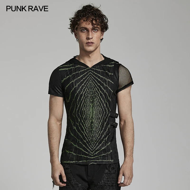 

PUNK RAVE Men's Punk Lightwave Printed T-shirt Cyberpunk Stretch Knit Crackled Leather Asymmetric Eyelet Fashion Casual Tees