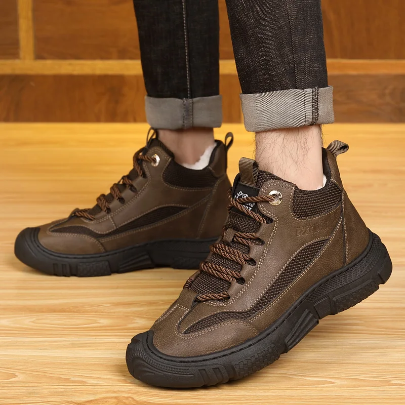 

Мужские уличные ботинки, Зимняя коллекция 2023, теплые плюшевые ботильоны с круглым носком, нескользящая однотонная обувь для мужчин, рабочие ботинки на шнуровке