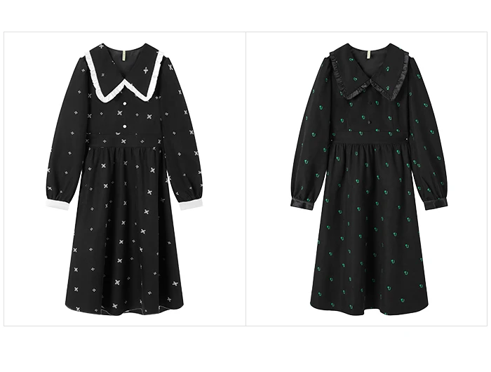 Vestido de mujer con mangas abullonadas y estampado completo, negro, de invierno, con solapa de encaje.