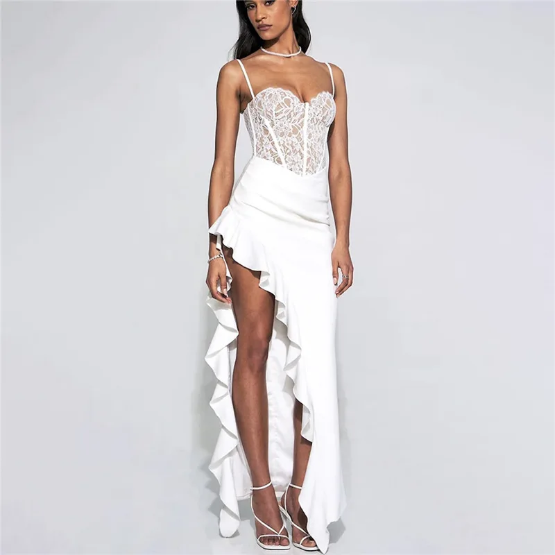 

2023 Ruffles Lace Patchwork Elegant Long Maxi Dress Women Spaghetti Strap Summer Dress Nightclub Sexy Party Dresses