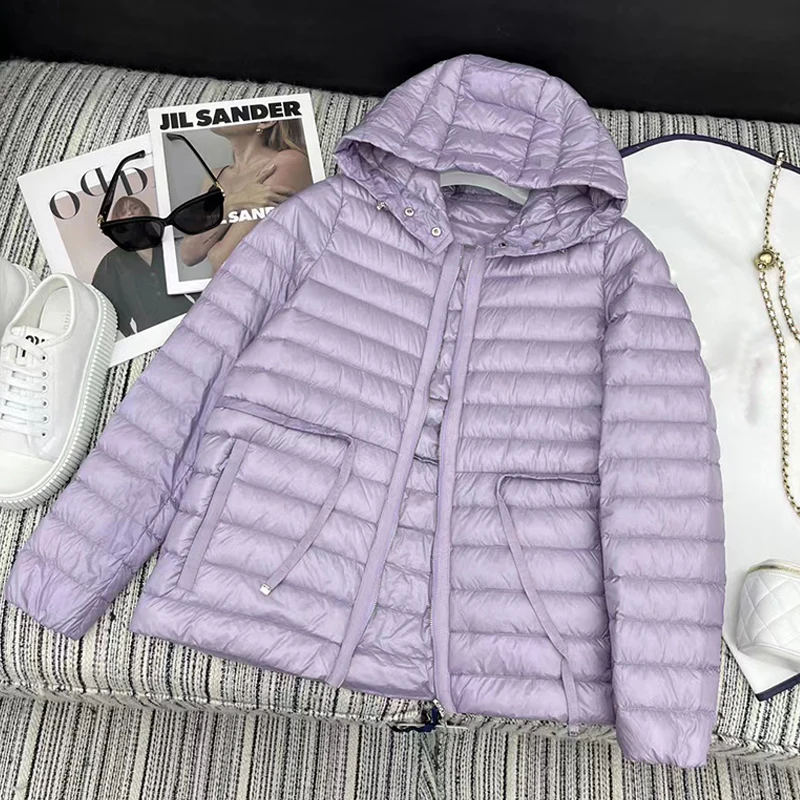 

Retro horizontal stripes tie up waist slim hooded down jacket women's new autumn and winter fashion all-in-one down jacket