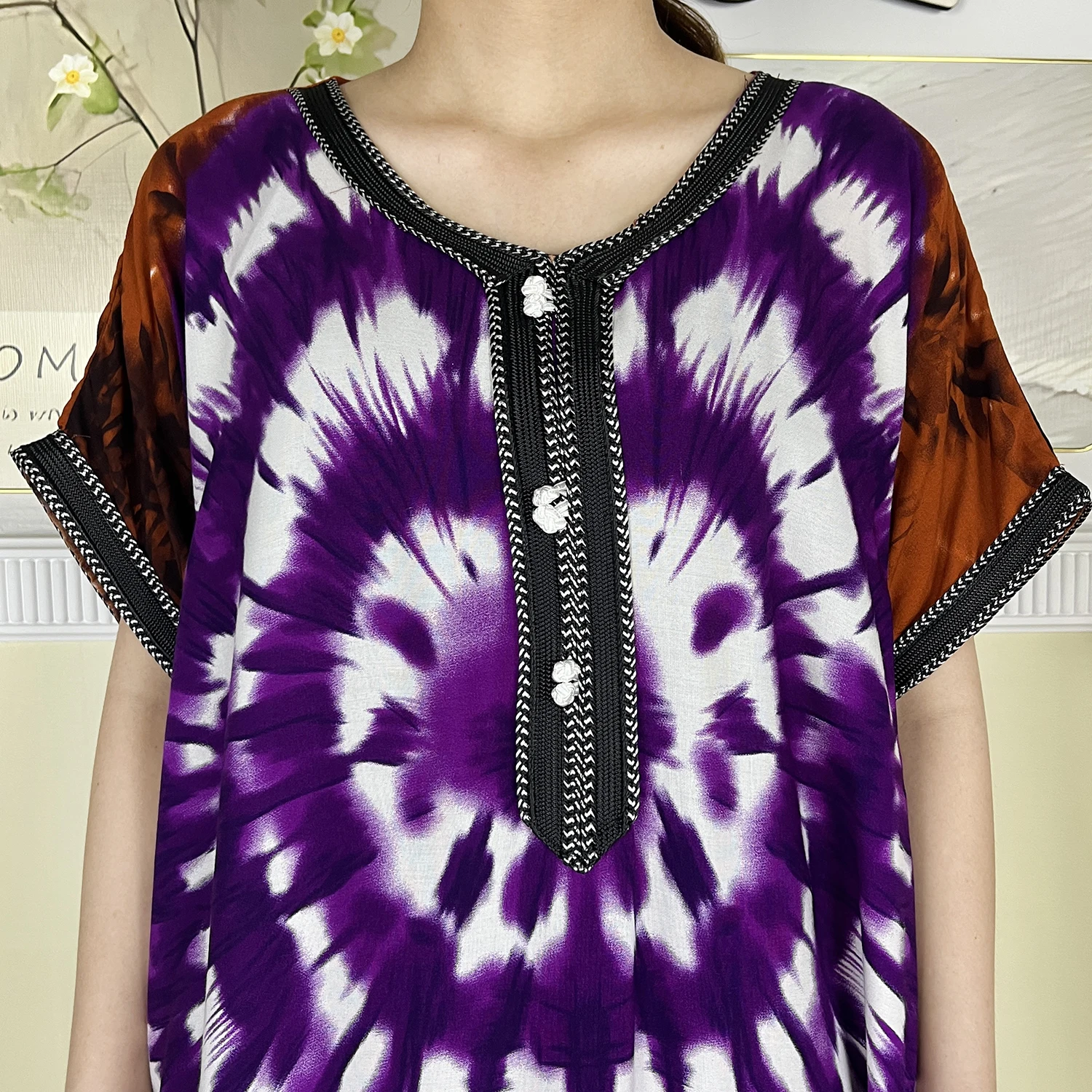 2024 New Dubai Women Dashiki Elegant Dresses Cotton Floral Printed Tie-dyed Short Sleeve Maxi Loose Islam African Abaya Clothing