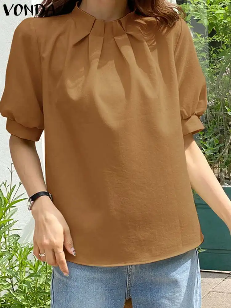 

VONDA Elegant Women Office Blouse 2024 Summer Short Puff Sleeve Tops Casual Solid Color Shirts Fashion Sexy Beach Blusas Baggy