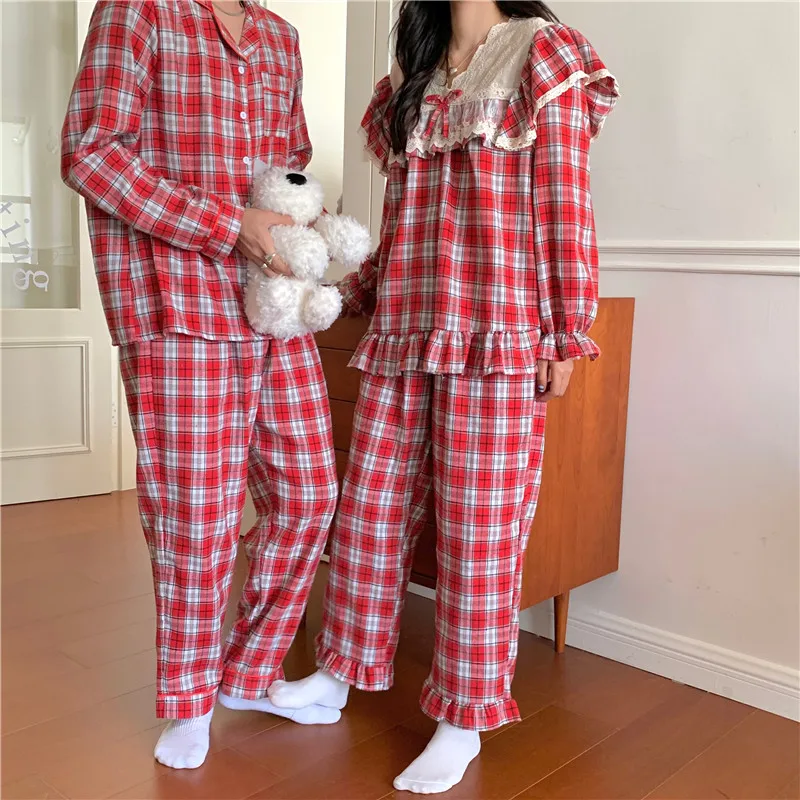 Loose Casual Couple Pajamas Sweet Lace Vintage Red Plaid Thick